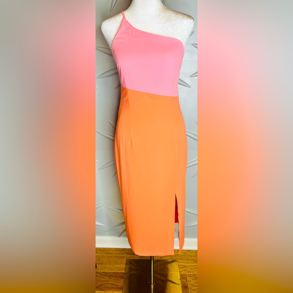 Petal & Pup SZ 2 pink & orange one shoulder midi dress, fully lined. Bust 34”